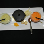 Trilogie de veloutés asperges, potiron vanille, soupe de poisson