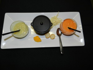 Trilogie de veloutés asperges, potiron vanille, soupe de poisson